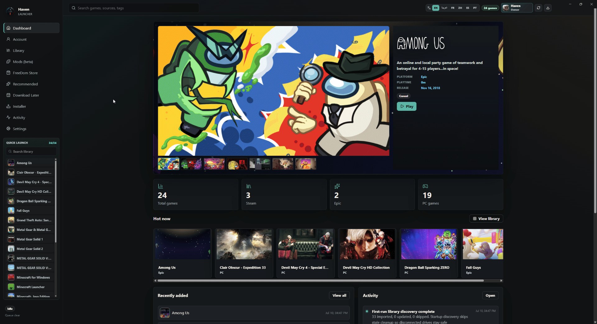 Haven Launcher dashboard showing a unified PC game library